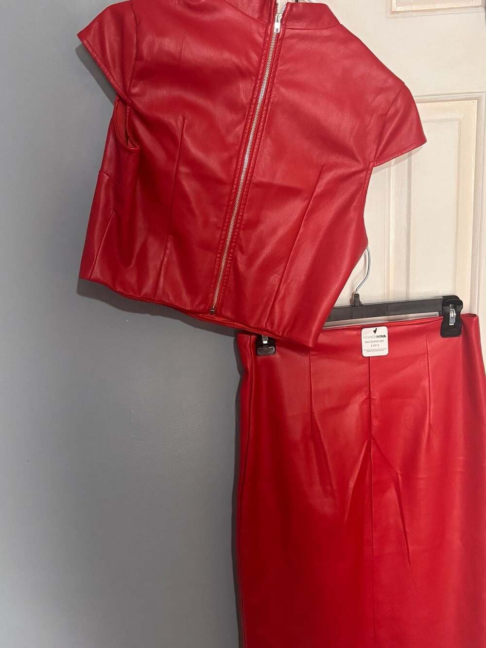 Fashion Nova Red Faux Leather Cheongsam Style Matching Set Medium
